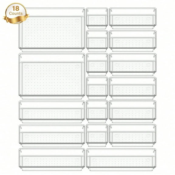 JQDWMDLX 18 PCS Clear Plastic Drawer Organizers Set, 4-Size Versatile Bathroom and Vanity Drawer Organizer Trays, Storage Bins for Makeup, Bedroom, Kitchen Gadgets Utensils and Office