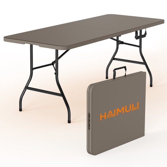 6ft Folding Table - Heavy Duty Fold-in-Half Plastic Table, Portable Utility Tables with Steel Legs for Events, Camping, Indoor & Outdoor Use (Khaki)