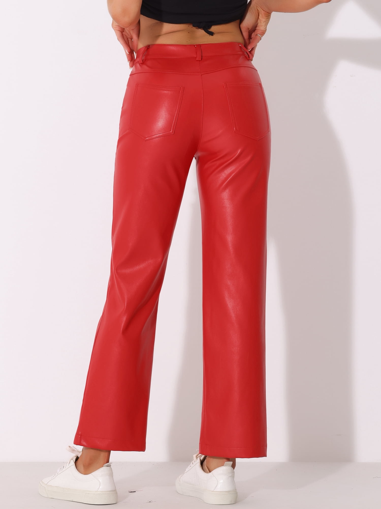 DARING DIVA Women's Faux Leather High Waist Straight Leg PU Punk Trousers M Red