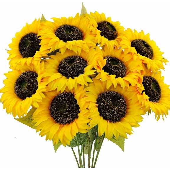 10 Pcs Sunflowers Artificial Flowers with Long Stems Silk Fake Large Sunflowers Bouquet Faux Sunflower Arrangement for Outdoor Indoor Home Vase Table Wedding Party Garden DIY Decor (Yellow)