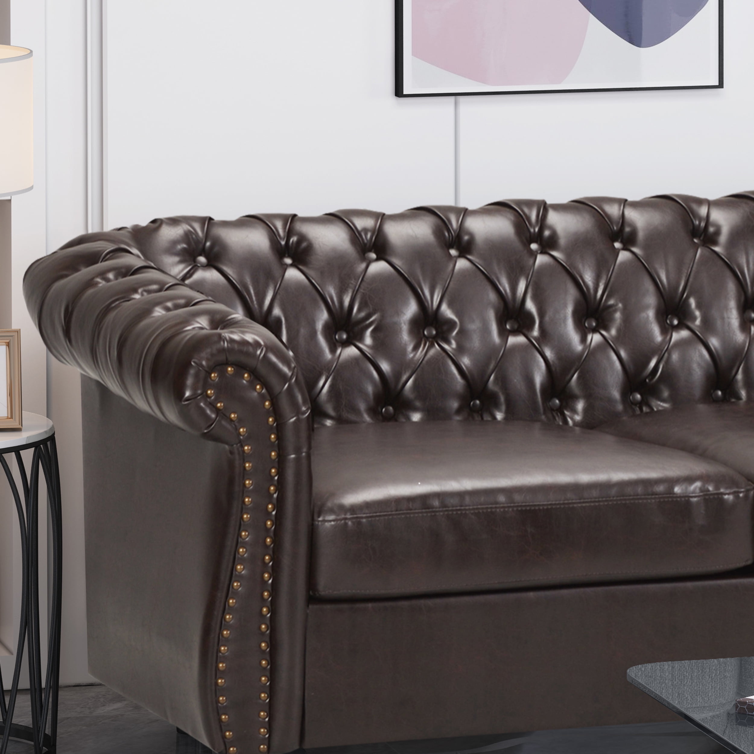 Noble House Augus 3 Seater Button Tufted Sofa, Brown, Dark Brown