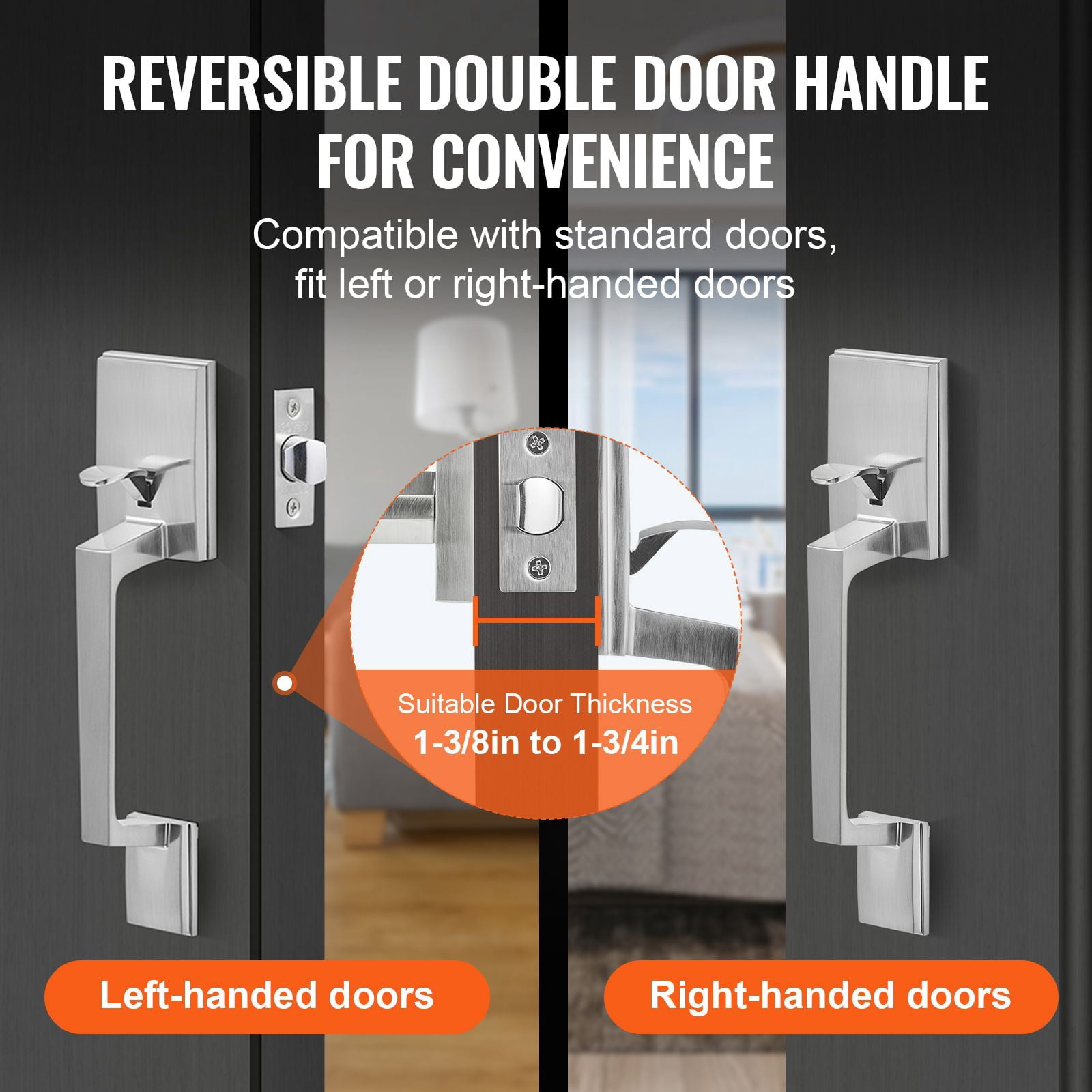 Entry Door Handle, Adjustable Hole Spacing with Zinc Alloy Die-Casting, Reversible for Left/Right Doors, Fits 1-3/8 to 1-3/4 Inch Doors for Front Office Use