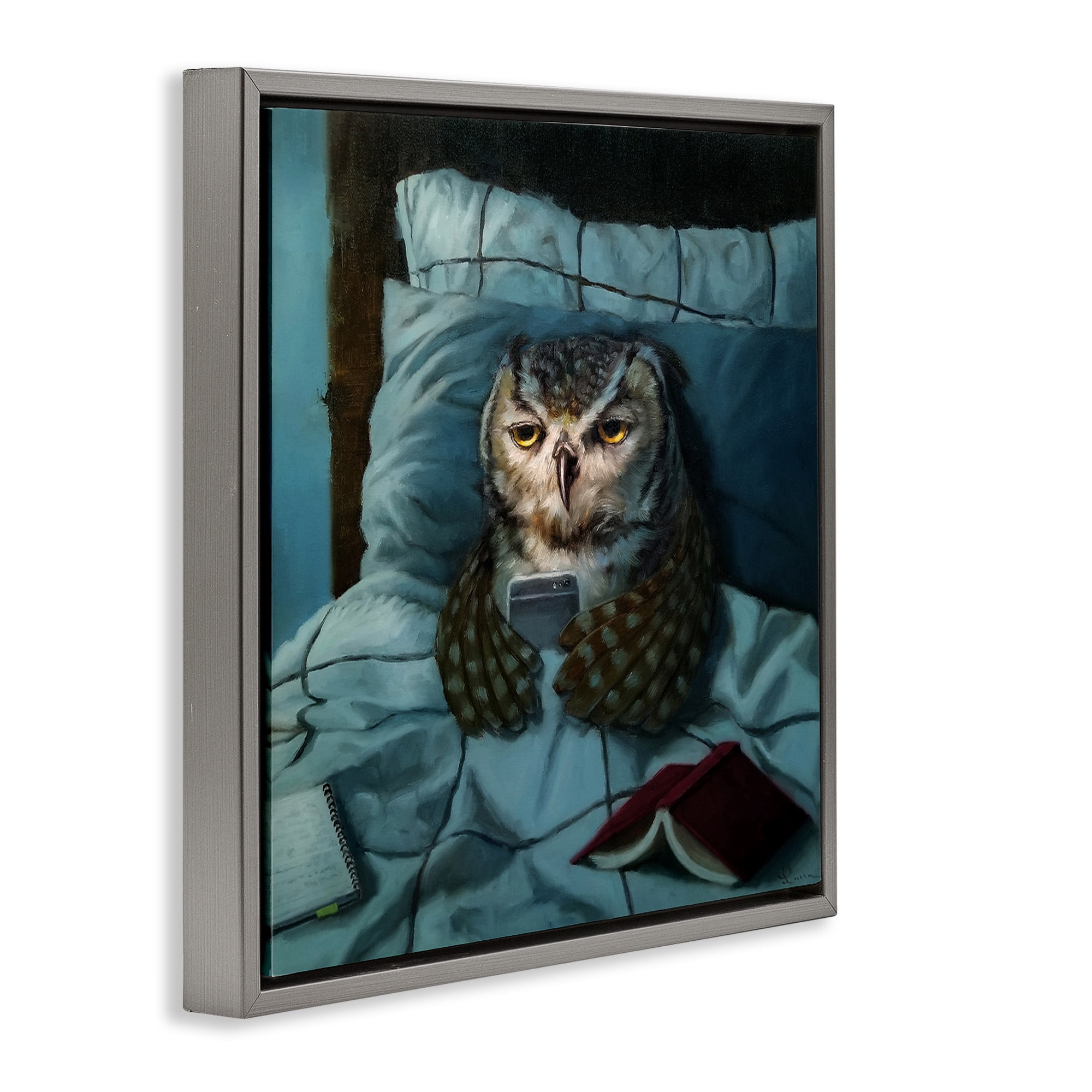 Stupell Industries Night Owl on Phone Animals & Insects Painting Gray Floater Framed Canvas Art Print Wall Art, 25 x 25
