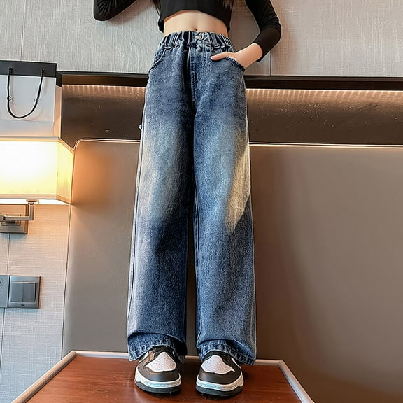 JIAYUE Girls Solid Color Jeans Straight Leg Wide Leg Stretch Denim For Kids Spring Casual Comfortable Everyday Trousers