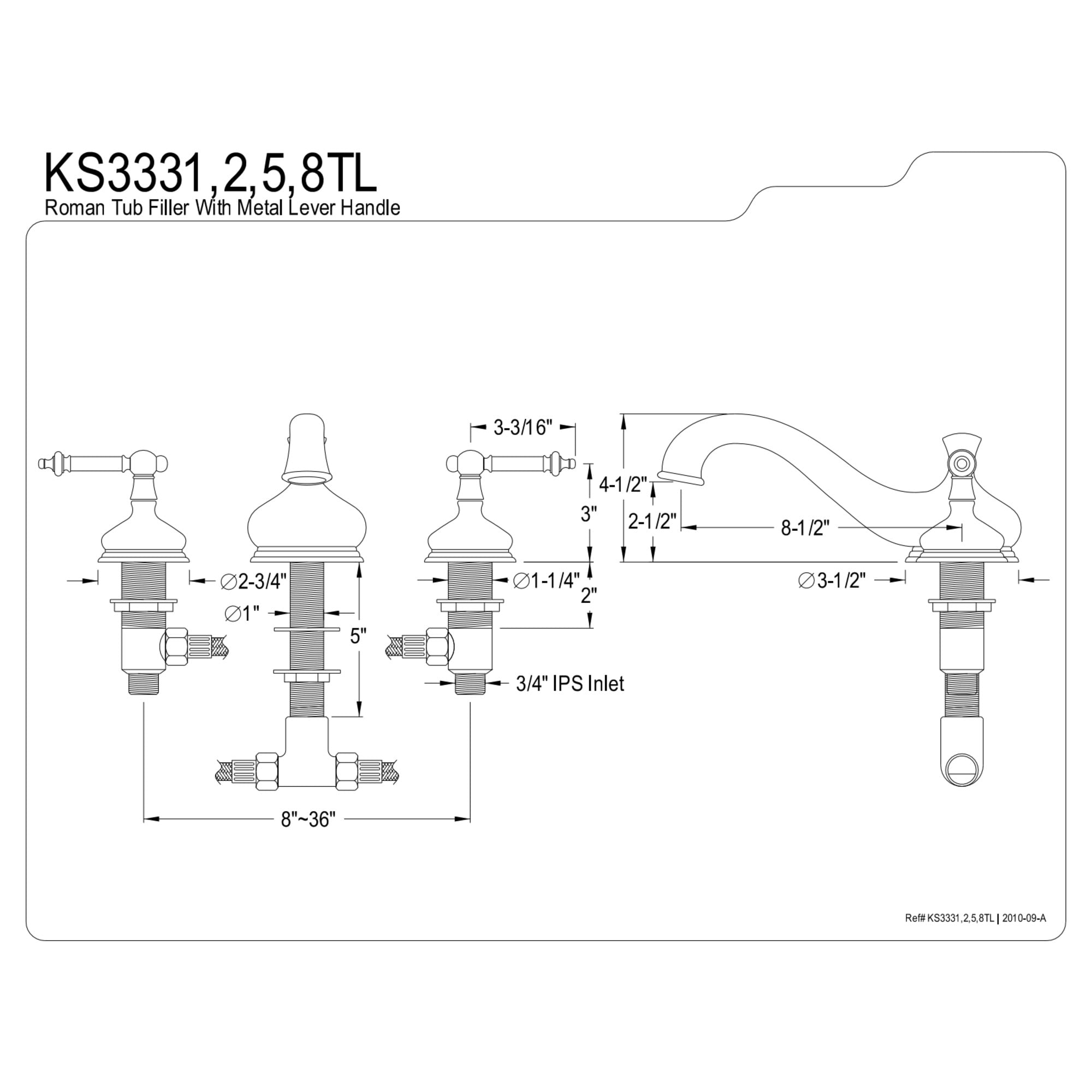 Kingston Brass KS3338TL Templeton Two-Handle Deck Mount Roman Tub Faucet, Brushed Nickel
