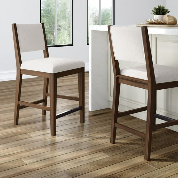 Plank Beam 24" Counter Height Chair, Set of 2 Solid Wood Modern Kitchen Stools with Cushion, Walnut