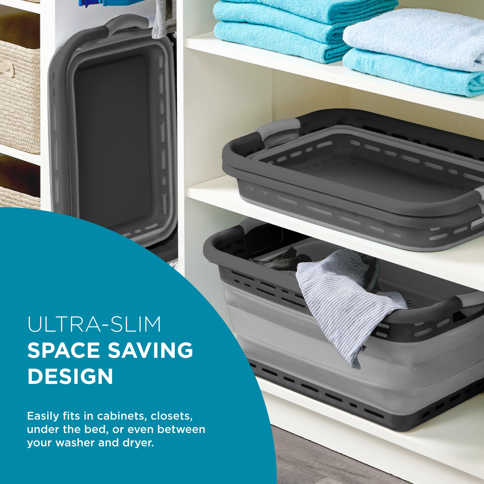 BLACK + DECKER Collapsible Laundry Basket with Handles, Space-Saving Design, Dark Gray