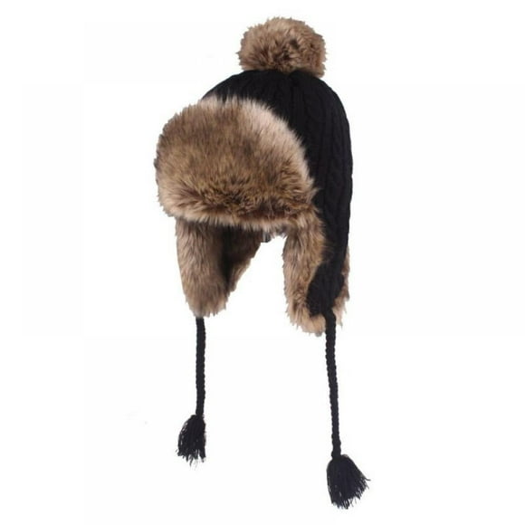 Women Faux Fur Earflap Trapper Hat Knitted Pom Ladies Winter Snow Ski Hat