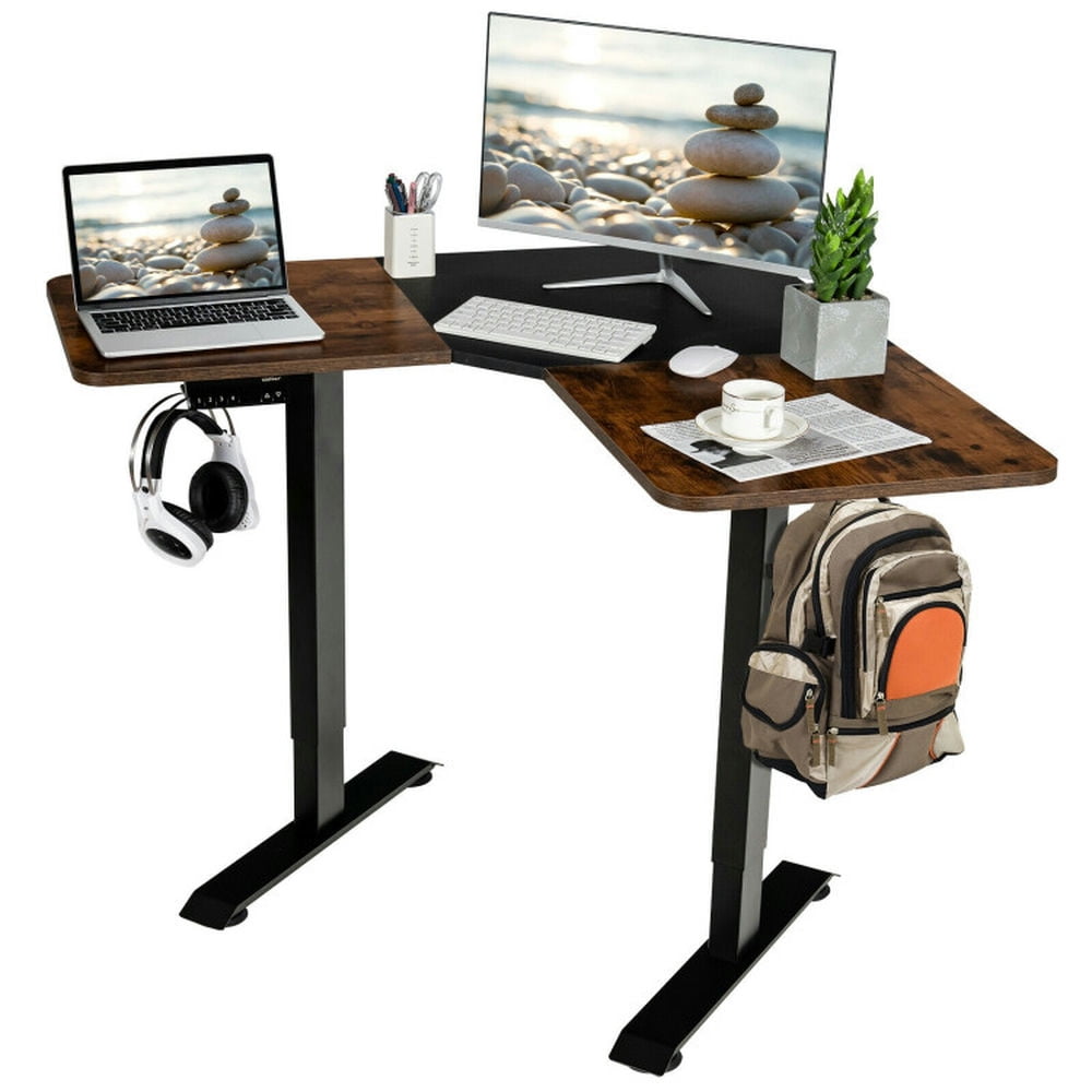 Demi Bonn L-shaped Electric Standing Desk with 4 Memory Positions and LCD Display, Small Home Office Desk Study Writing Table, Brown