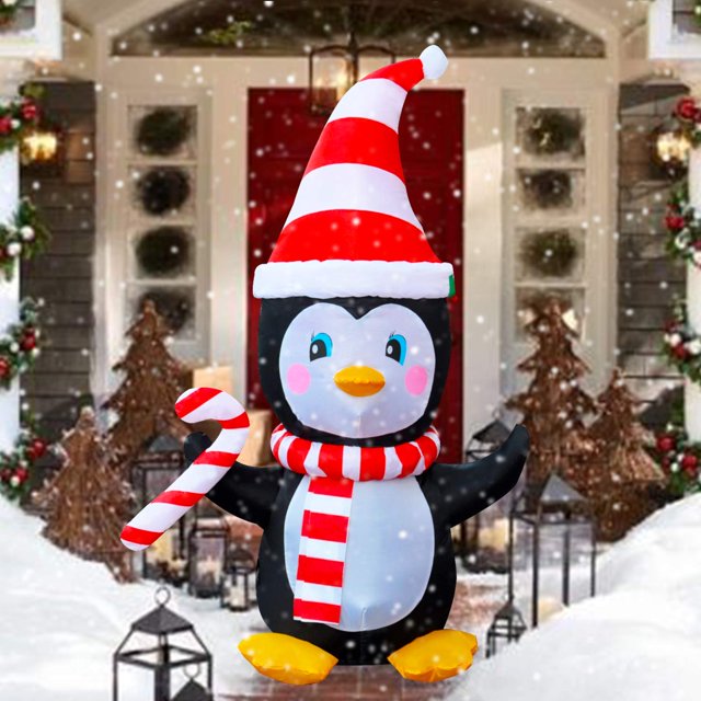 SEASONBLOW Pingüino navideño inflable con luz LED de 4 pies con bufanda y decoración de dulces para patio, césped, jardín, hogar, fiesta, interior, exterior, decoración navideña
