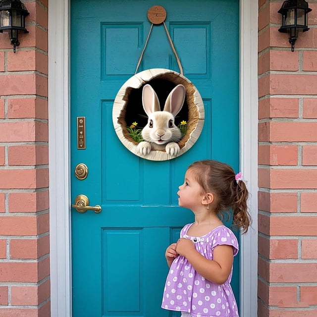 REK Easter Decor Easter Bunny Rabbit Hole Door Sign Wooden Easter For Festive Home & Party Entrance 30x30cm