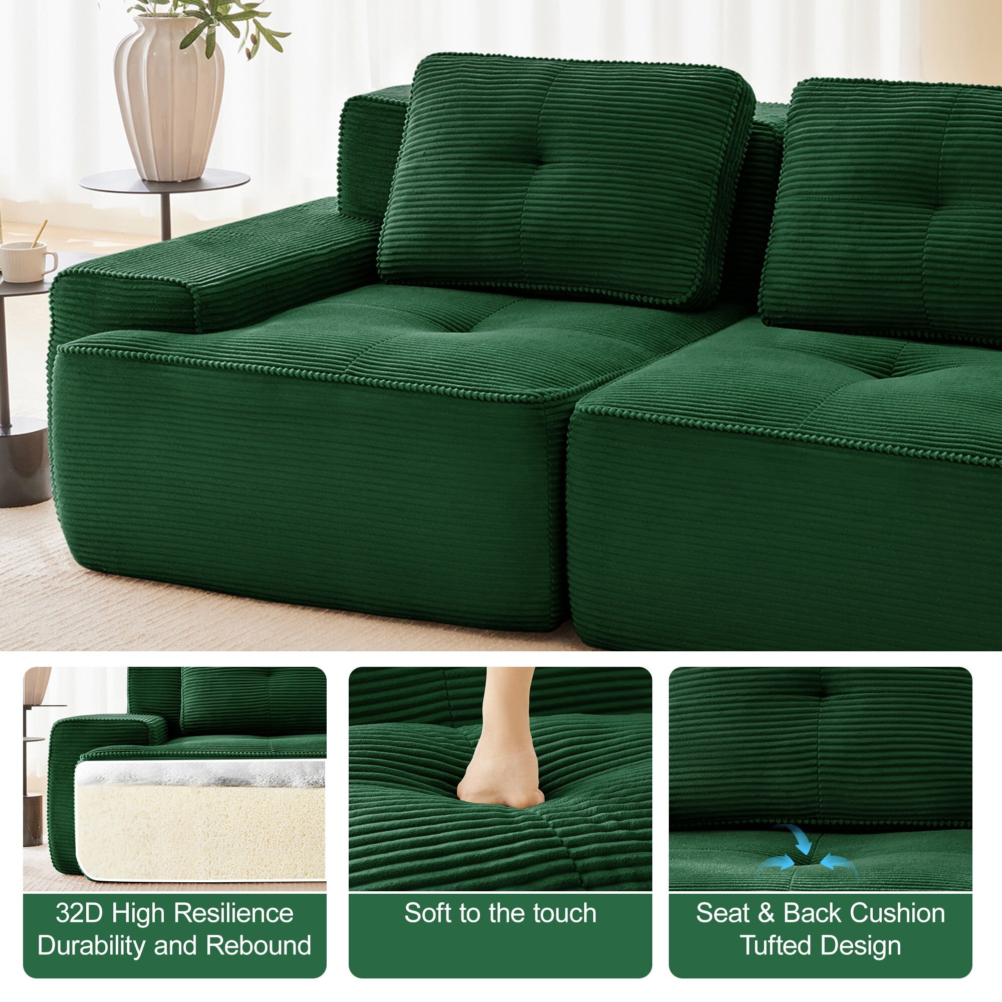 DEALTOPS Oversized Corduroy Loveseat, Sponge Filler Deep Seat 2-Seater Sofa for Living Room, No Assembly Needed, Green