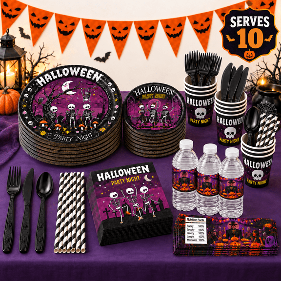 Purple and Black Halloween Party Supplies Set, Serves 10, Skeleton Plates, Napkins, Cups and Cutlery for Home and Classroom Events, 101PCS