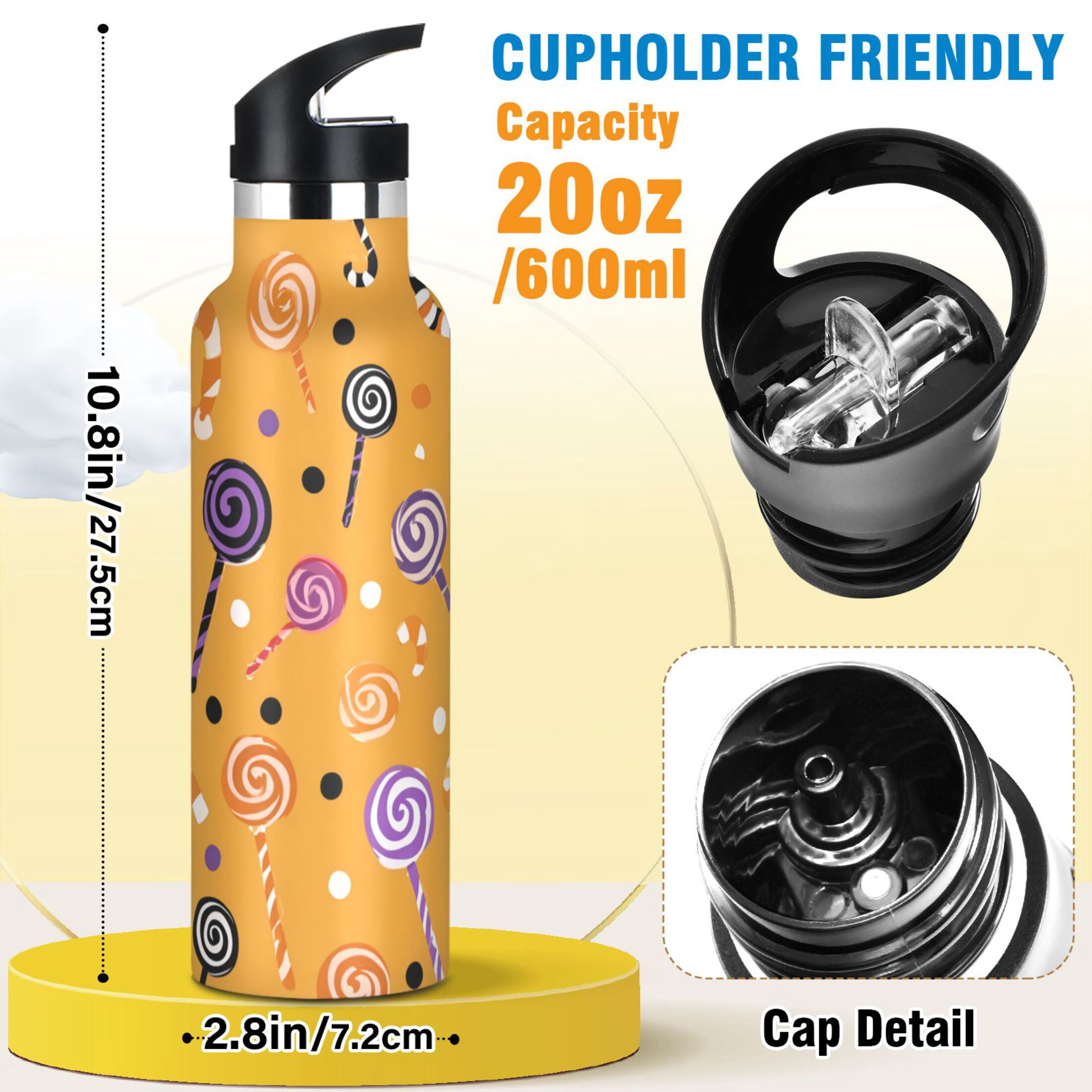 Kids Insulated Stainless Steel Sports Water Bottle 600ml (20oz) Candy Canes and Spiral Lollipops