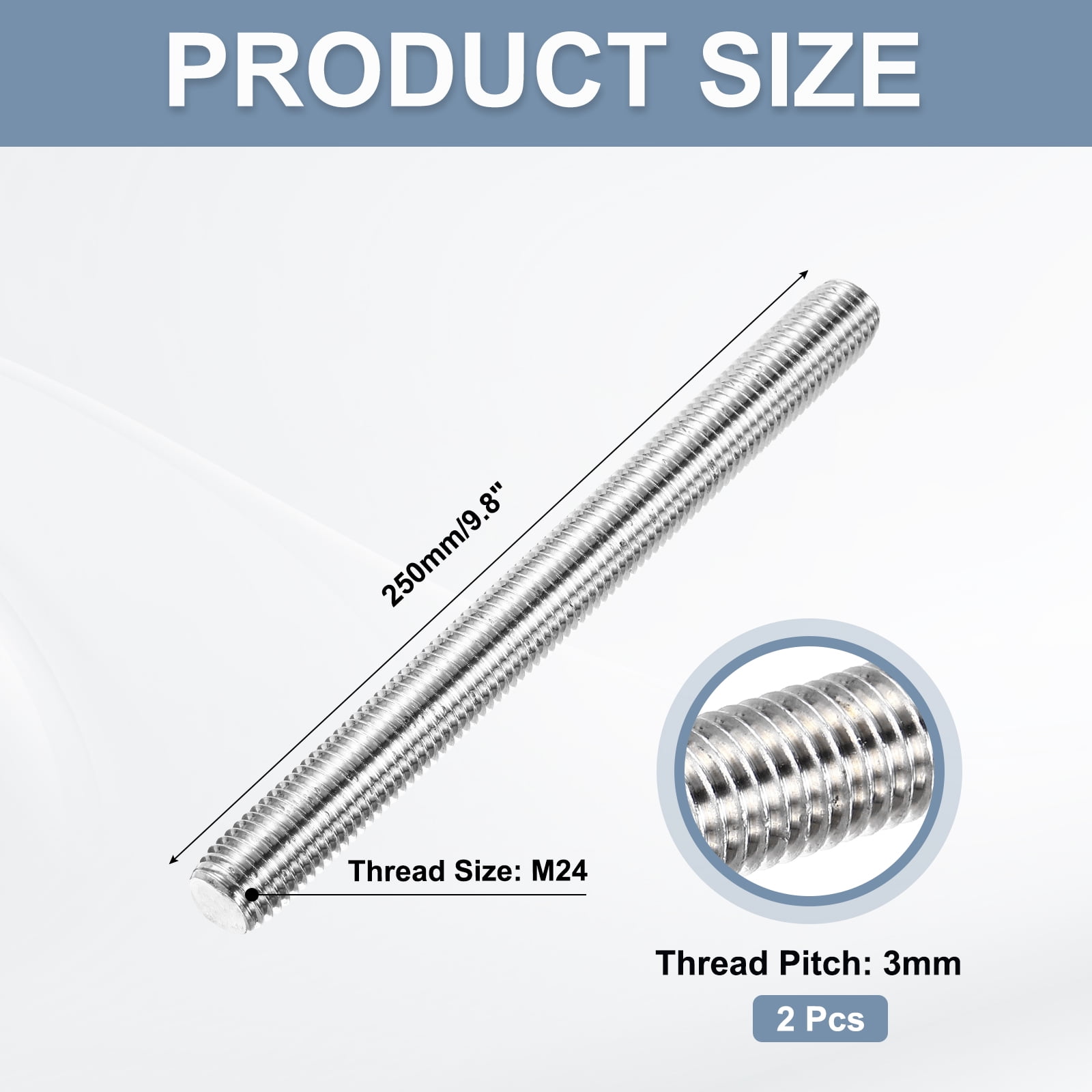 Uxcell Fully Threaded Rod M24 x 250 3mm Thread Pitch 304 Stainless Steel 2 Pack