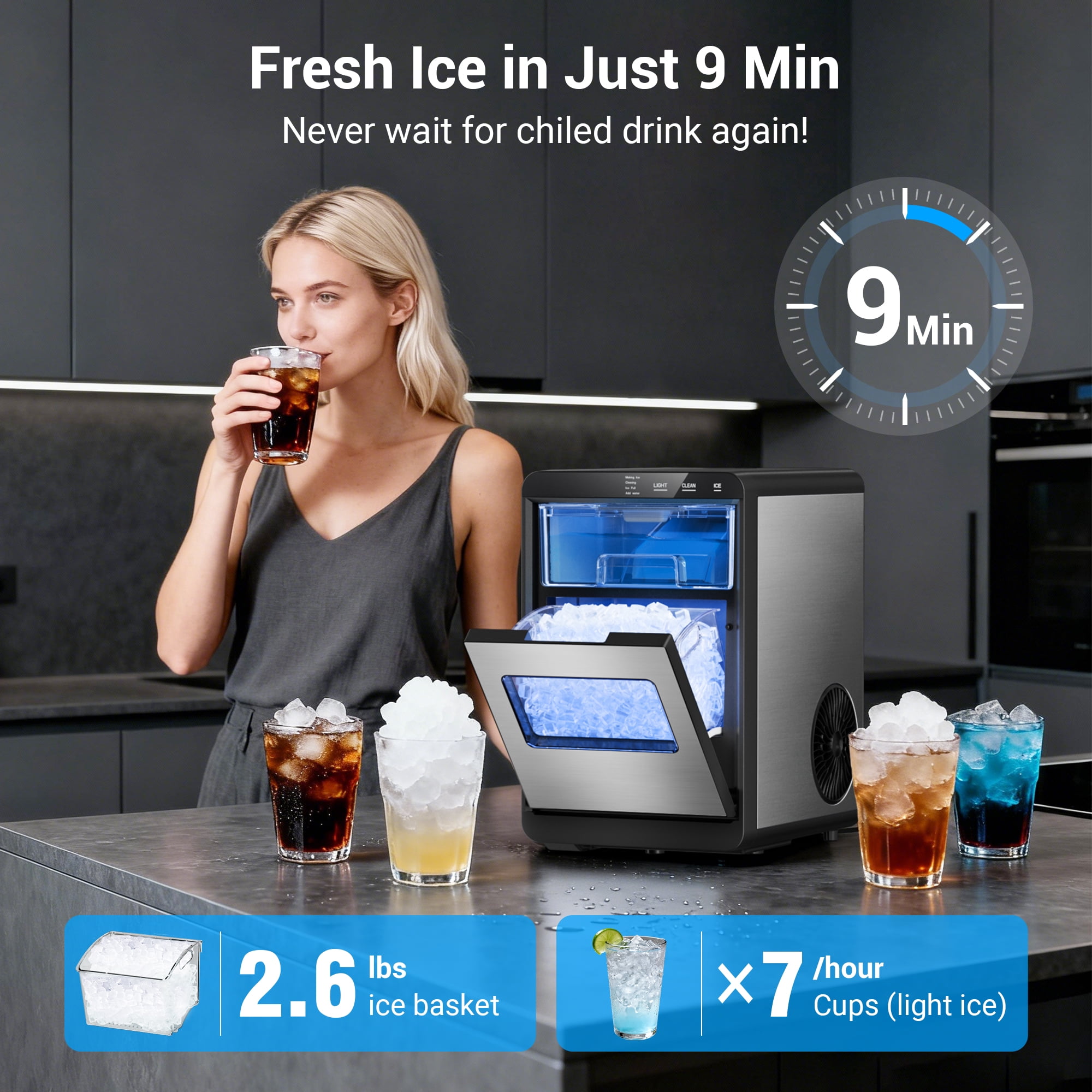 Snowyermine Nugget Ice Maker Countertop, 44lbs per Day Chewable Pebble Nugget Ice Machine with Touch Screen for Home, Kitchen, Office, Stainless Steel, Silver