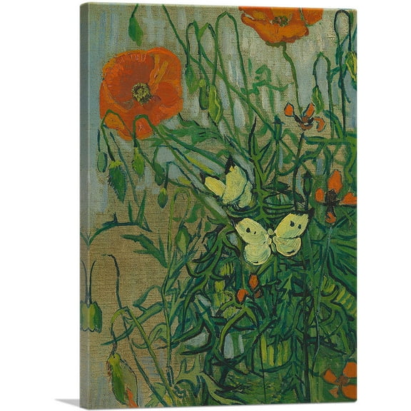 ARTCANVAS Butterflies and Poppies 1889 Canvas Art Print by Vincent Van Gogh - Size: 26" x 18" (0.75" Deep)