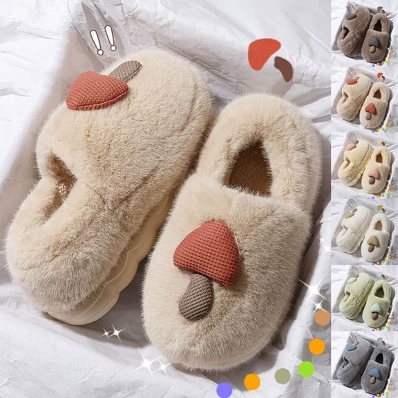Cute Cozy Fuzzy Slippers For Women Winter Warm Plush Comfy Indoor Outdoor Slippers Beige 37