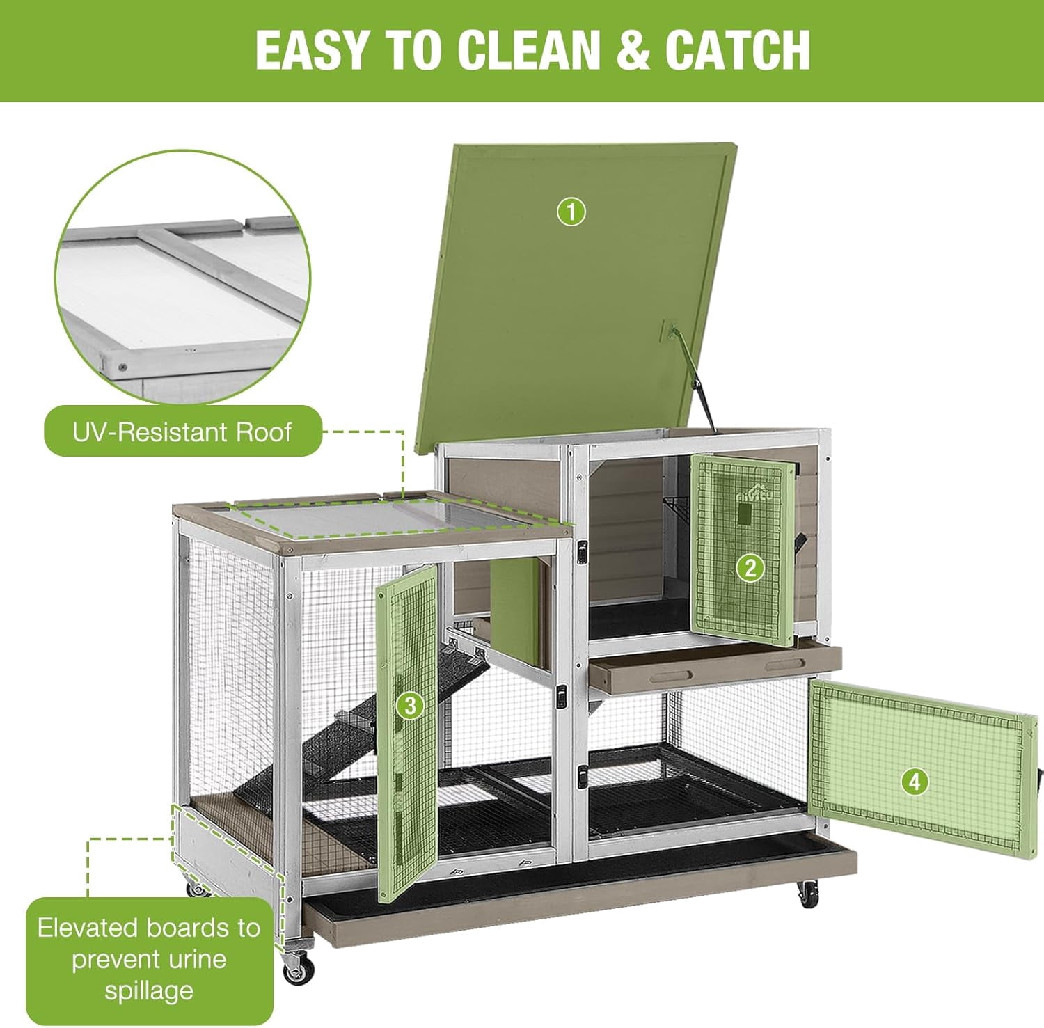 MEDEHOO Rabbit Hutch Rabbit Cage Pet Bunny House Cage with Casters Urine Baffles,4 Metal Wheels,2 Deeper Trays(Mocca Color)