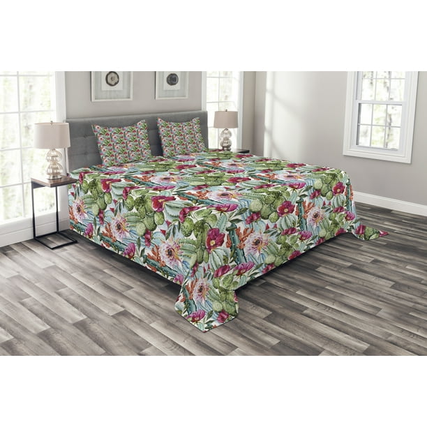 Cactus Bedspread Set, Tropical Botanic Cactus Exotic Desert Plants with Flowers and Buds Artwork Image, Decorative Quilted Coverlet Set with Pillow Shams Included, Multicolor, by Ambesonne