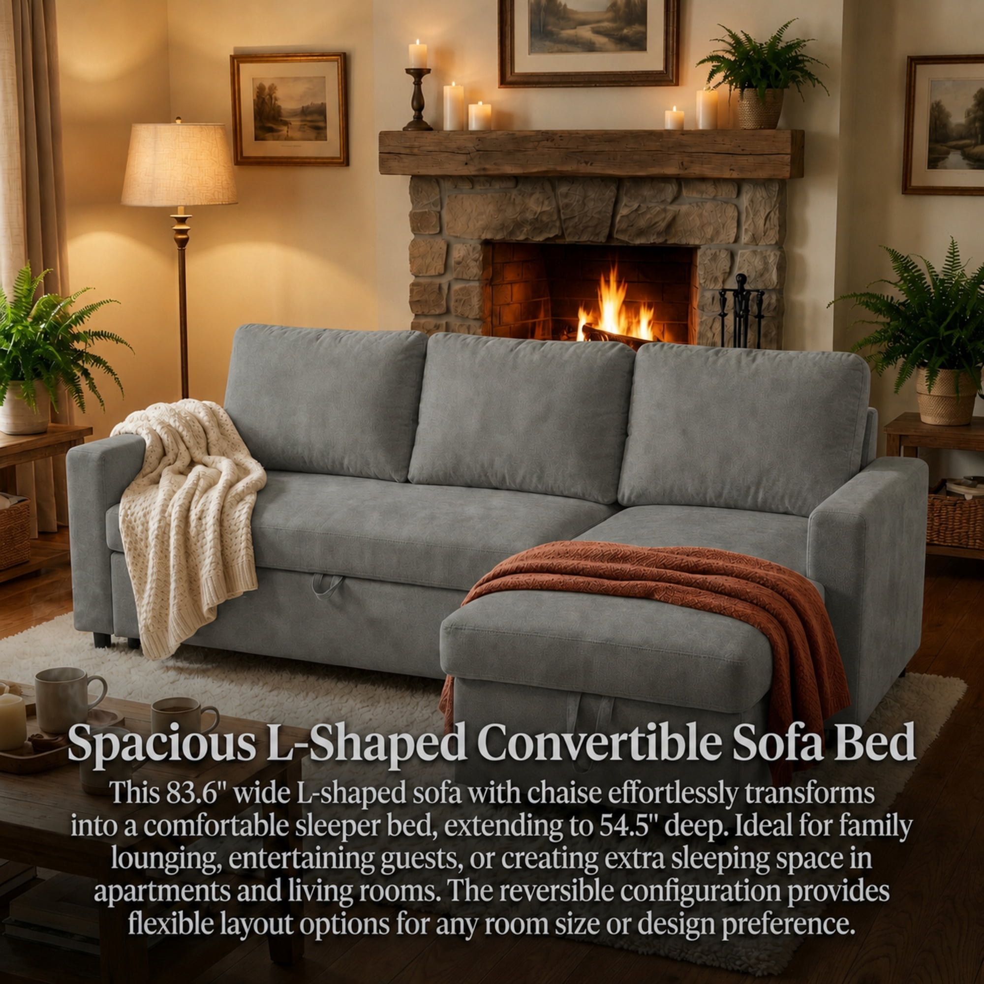 TiramisuBest L-Shaped Convertible Sofa Bed with Reversible & Storage Chaise,84"W Fluffy Flannel Sectional Sleeper for Living Room,Dark Gray