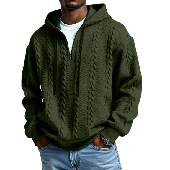 Polo Quarter Zip Men Mens Cable Knit Sweater – Men's Pullover Sweaters, Quarter Zip Sweater Men Casual Mock Neck Winter Warm Chunky Polo Sweater 03-Dark Green M