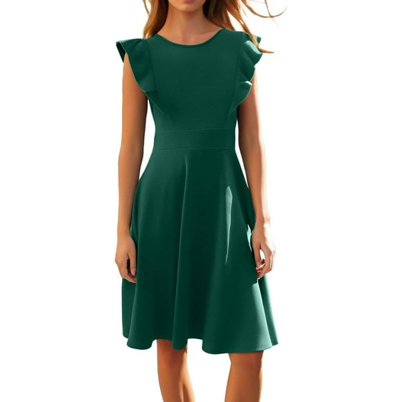 Lenpel Women's Semi Formal Dress Ruffle Sleeve Crew Neck A-Line Knee Length Dress Casual Cocktail Party Dresses(Green,Large)