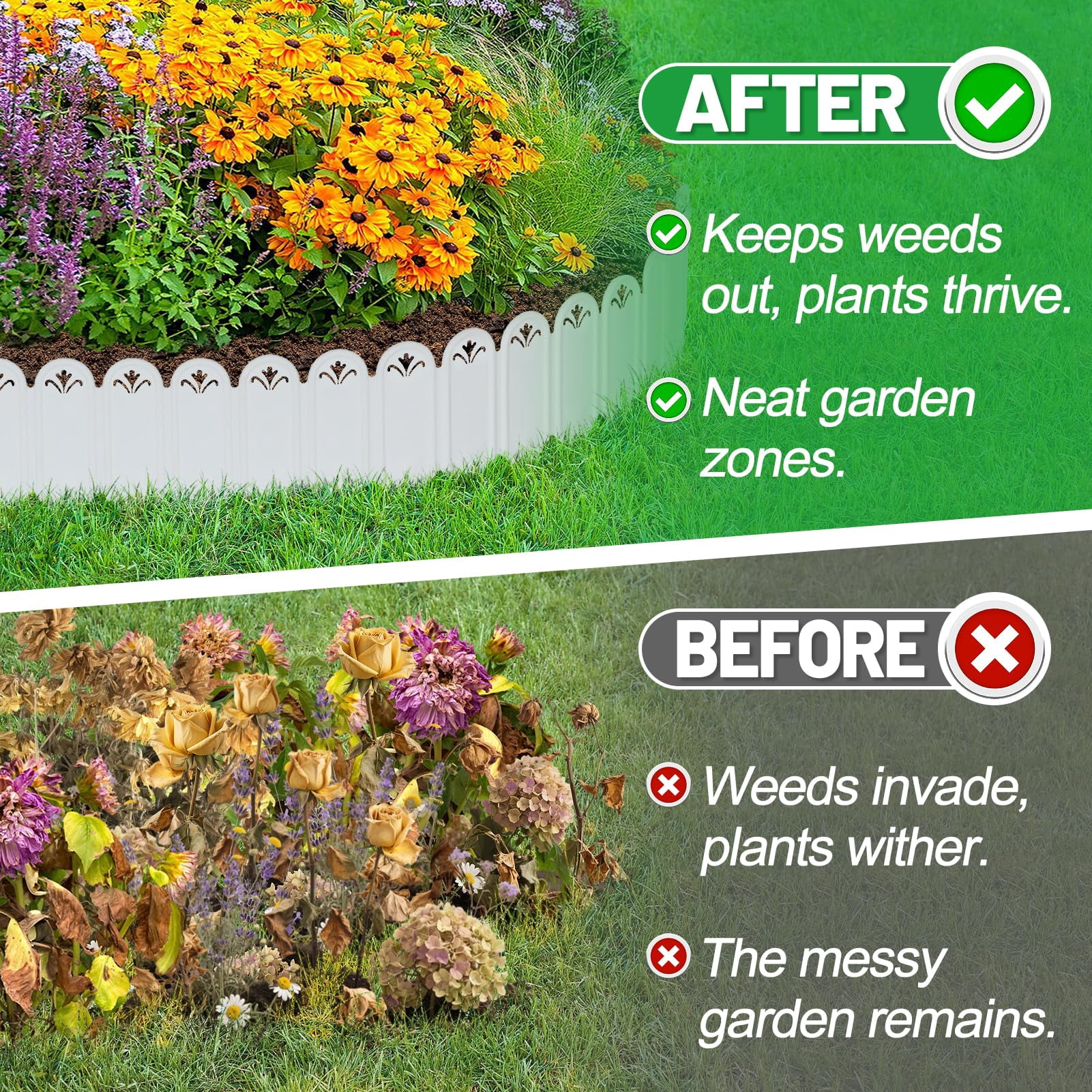 Garden Edging Border & Fences - 15ft Total Length No Need Digging Lawn Fence Border for Dividing Yard Flower Bed Areas, Included 25pcs 8.3" L x 5.9" H White Panels