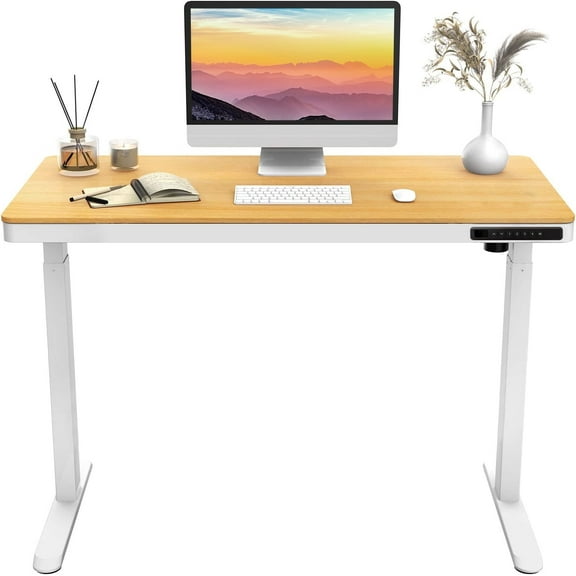 Rise Up Essential Electric Standing Desk 23.6x47.2” | Affordable Adjustable Height 27–46” Sit Stand Ergonomic Office Desk with Maple Top, Memory Control & White Frame