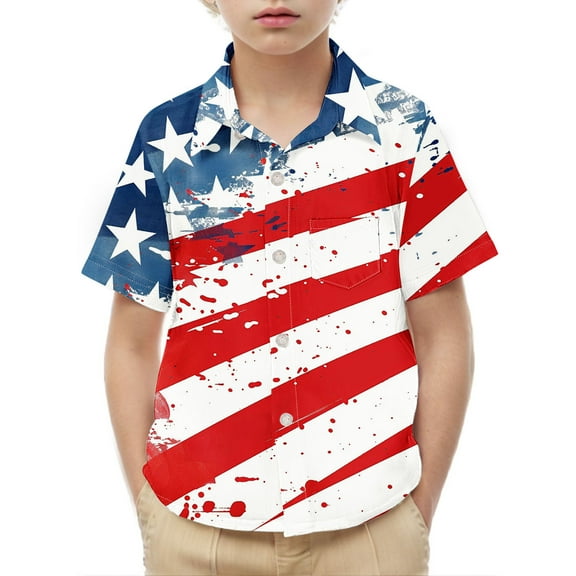 Boys 4th of July Outfits Button Down Shirts Summer Short Sleeve Patriotic Blouses Graphic Tees Festival Clothes Multicolor， 6 Years
