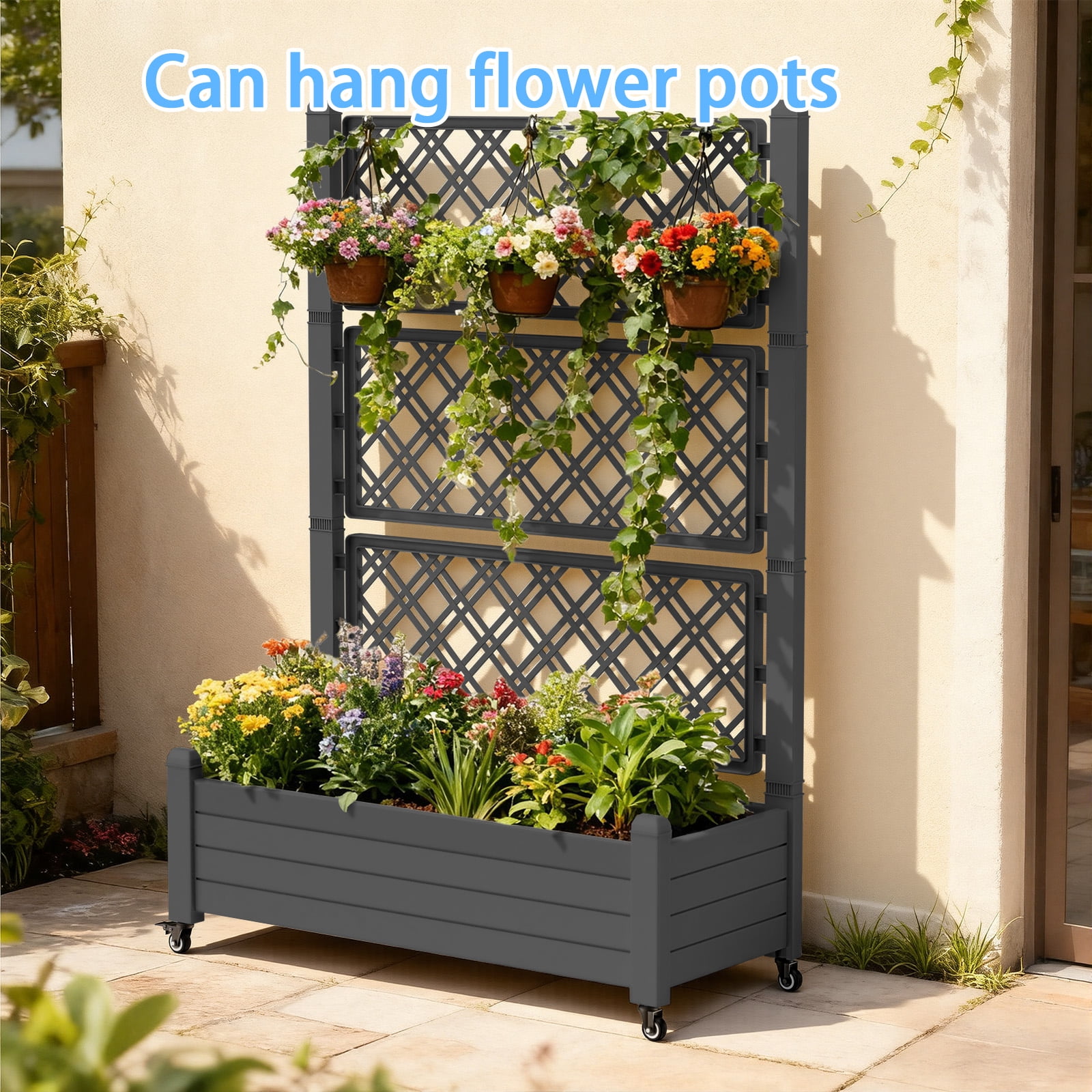 Joxxoaa Raised Garden Bed with Trellis, Large Outdoor Planter Trellis Box with Drainage Holes and Wheels for Climbing Plants.(Black）
