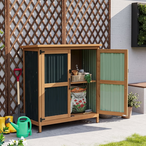 Sumnthink Outdoor Storage Cabinet, Wood Storage Shed with Metal Doors, Removable Shelf & Weather-Resistant Metal Roof