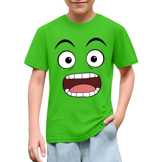 Blusas y camisas de manga corta con cuello redondo para niños y niñas, color liso, con estampado de expresión linda, manga corta, holgadas y cómodas, blusa para niña