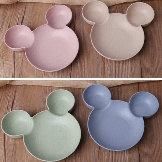 Plato de cena reutilizable de plástico con forma de dibujos animados para bebé, vajilla para niños con doble asa, tazón azul