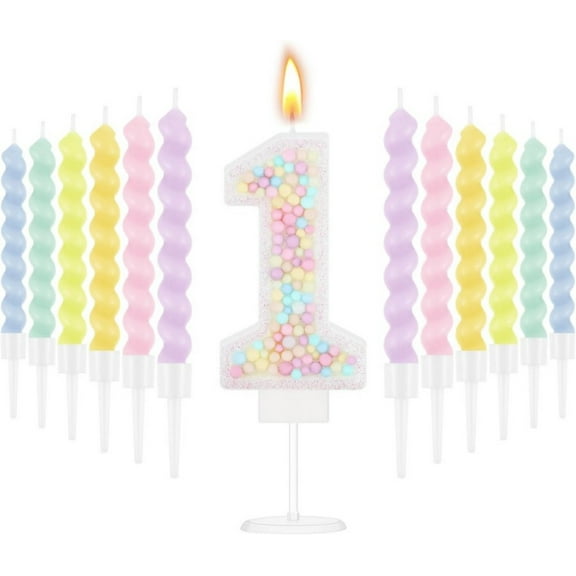 Xiao Hang Number Birthday Candle Macaron Pastel Glitter 3D Number Candle with 12 Pcs Rainbow Spiral Candles in Holders for Girl Boy Cake