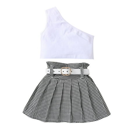

2PCS Toddler Kids Baby Girl Sleeveless Off Shoulder T Shirt Top A Line Ruffles Hem Plaid Skirt Outfit with Belt Sets Sweat Suits for Teen Girls Teen Clothes for Girls Baby Clothes Girl Bundles Baby