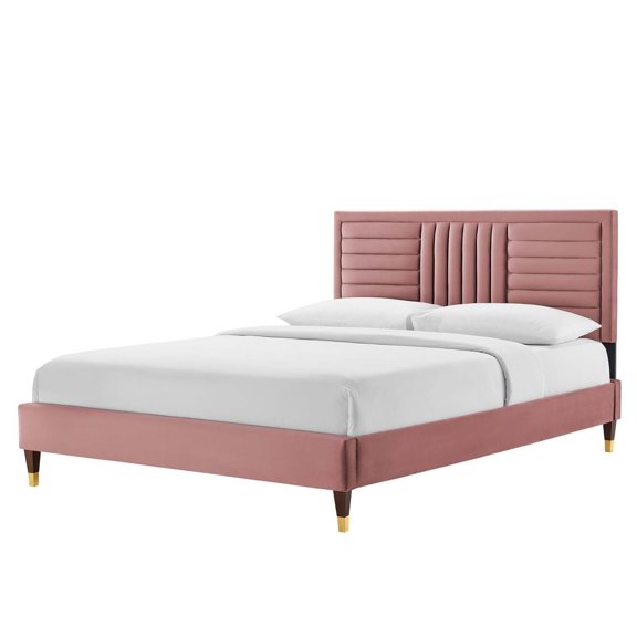 Platform Bed Frame, Tufted, King Size, Pink, Velvet, Mid Century Bedroom, Modern Contemporary Boutique HB35635