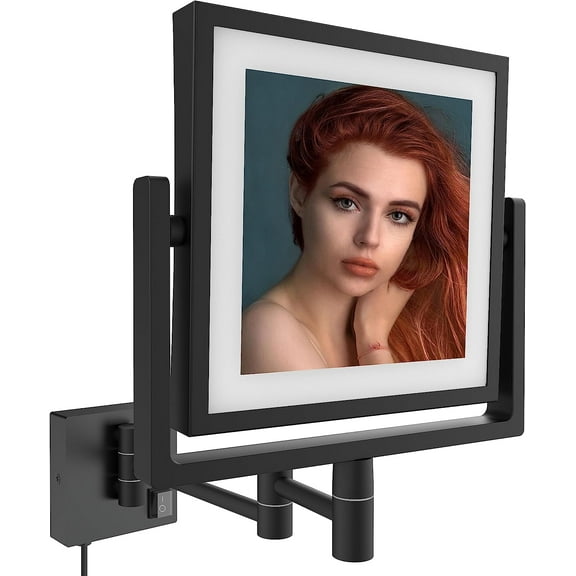 FIXSEN LED Illuminated Wall Mounted Double Sided Square Plug-in Makeup Mirror, Magnification 3X, 8" 360 Degree Swivel, Matte Black