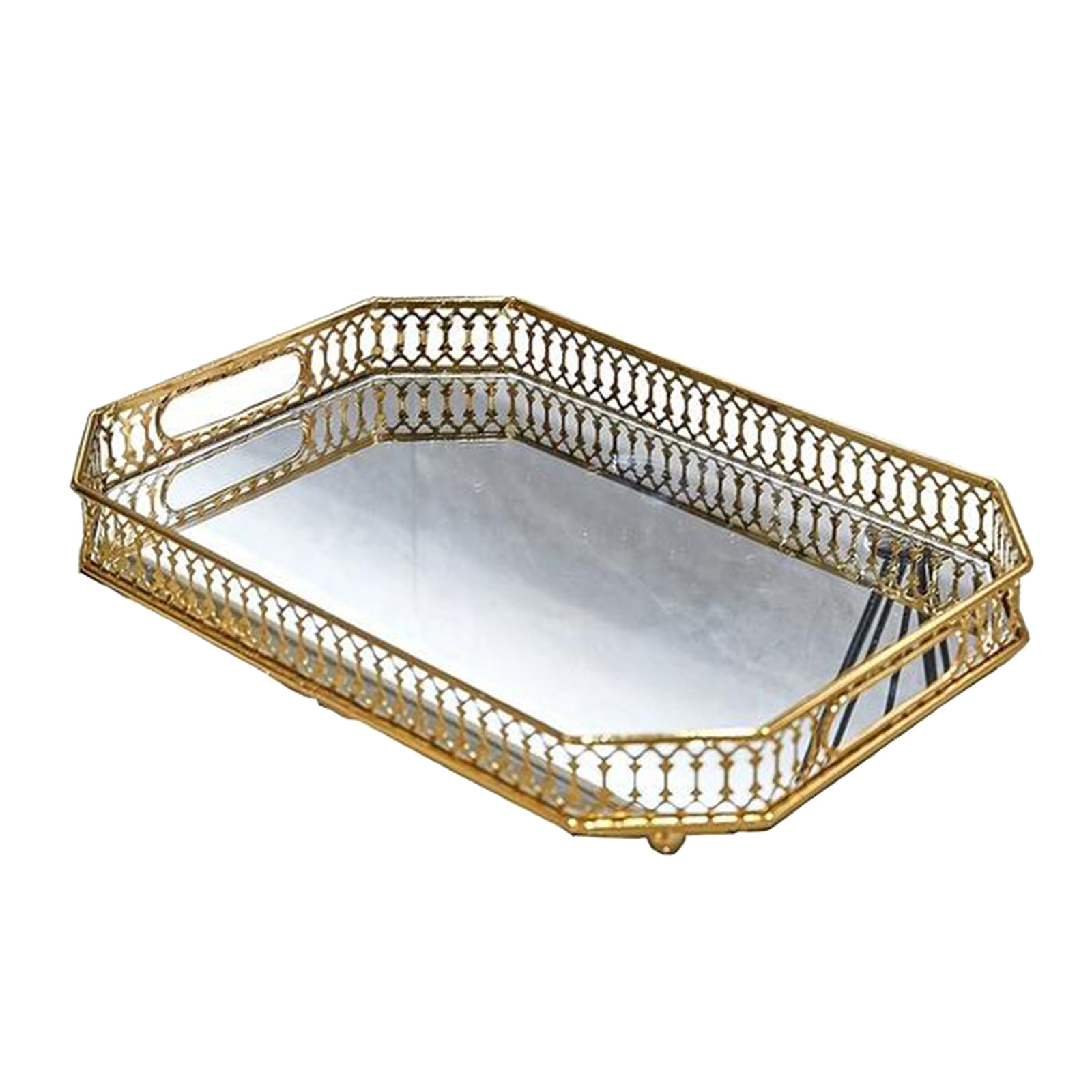 Gold Mirrored Glass Metal Decorative Tray Organizer Trinket Serving Plate 