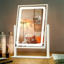 YUOY Vanity Mirror with Lights, 12"x16" Lighted Makeup Mirror with 3 Color Lights and 10X Magnification, Light up Mirror for Makeup Desk, Bedroom, Dressing Room Tabletop(White)