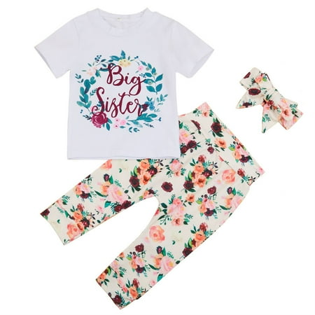 

Zukuco Toddler Baby Girls Clothes Big Sister Top Printed T-Shirt Floral Pants+Headband Baby Outfit Set
