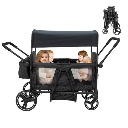 Wagon Stroller for 4 Kids-4 Seater Baby FoldableTandem Stroller for Toddlers&Newborns with Mom's Bag,5-Point Harness,Adjustable Handle&Canopy,Kids Tray,Cup Holder,Storage,Lightweight&Travel-Friendly