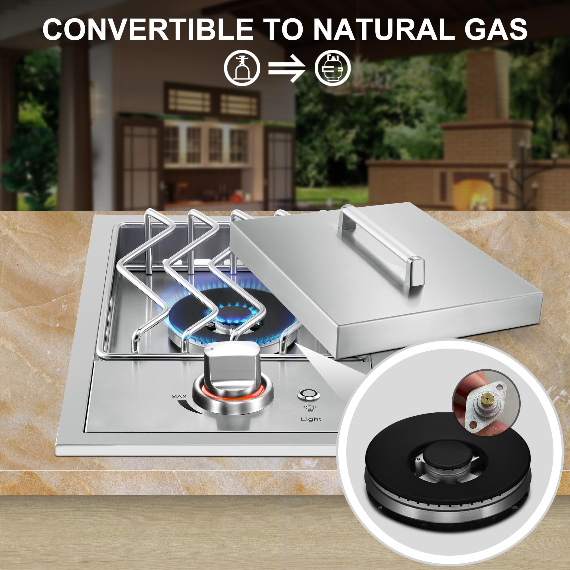 Single Grilling Side Burners for Outdoor Kitchen, 15,000BTU Liquid Propane Side Burner, Duty Heavy 304 Stainless Steel, Convertible to Natural Gas, Drop-in Side Burner for Outdoor BBQ Grill Island
