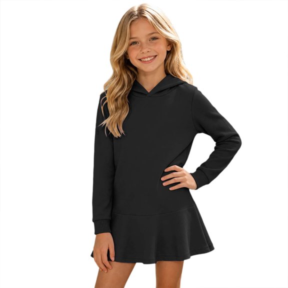 Lullu Girls Fall Hoodie Dress Long Sleeve Ruffle Hooded Sweatshirt Dress, Black, Sizes 3-8