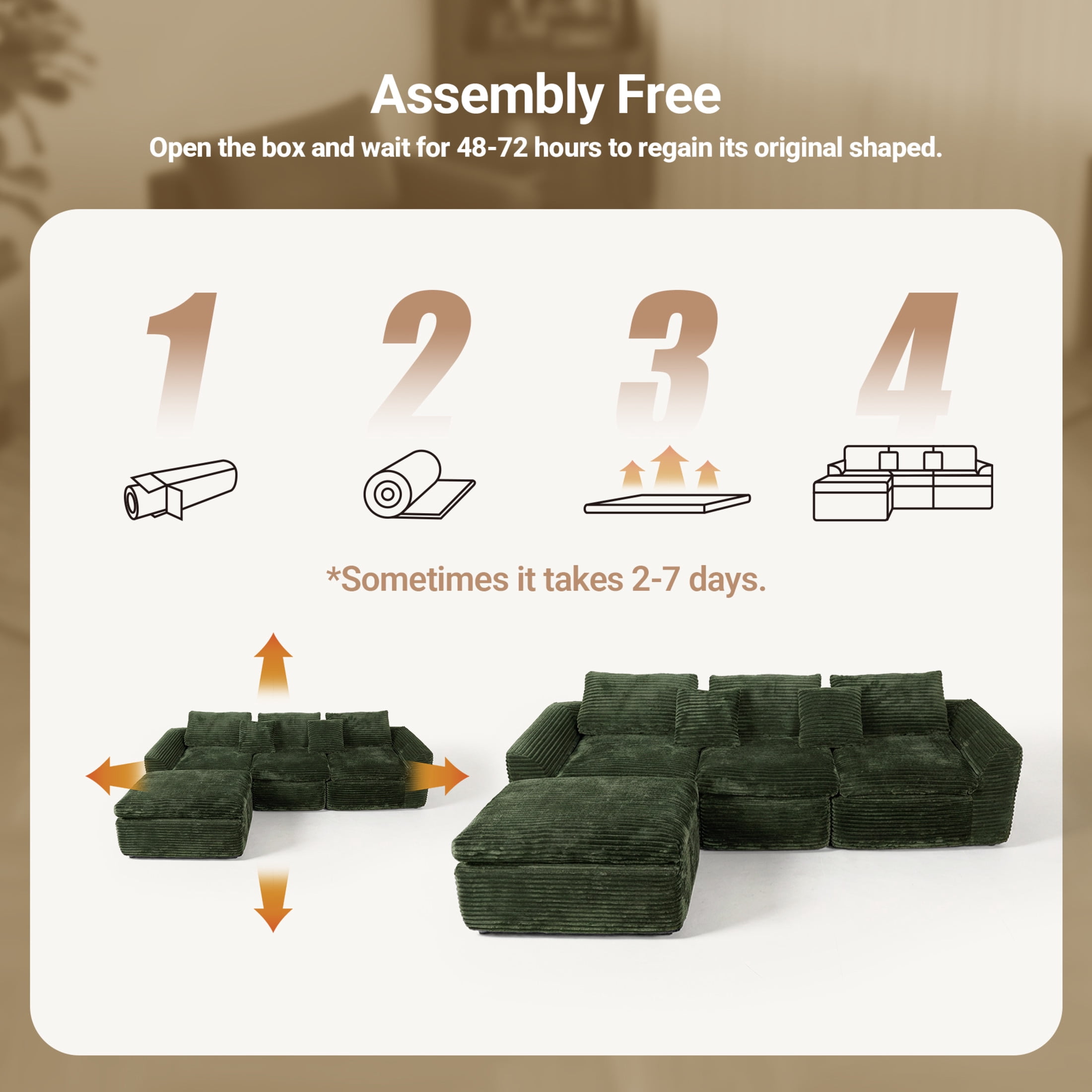 Noble House Quinley 108" Boneless Sponge Cloud Sofa, High-Density Foam Modular Corduroy Sectional, Living Room, Green