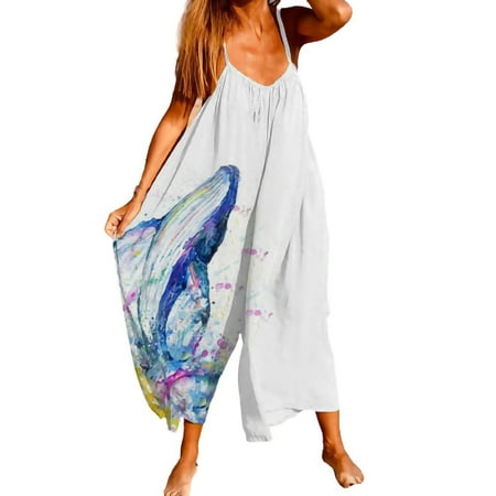 

Jumpsuits for Women Casual Rompers for Women Plus Size Women Printing Jumpsuit Pajamas Casual Sling Wide Leg Long Pants on Clearance