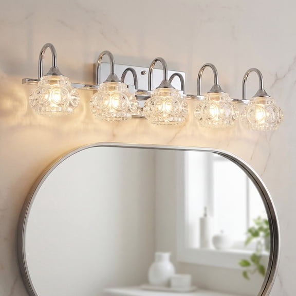 29" Brushed Nickel 5-Light Crystal Vanity Light, Vintage Bathroom Light Fixtures with Clear Glass Shades, Bathroom Lighting Fixtures Over Mirror(Bulbs Not Included)