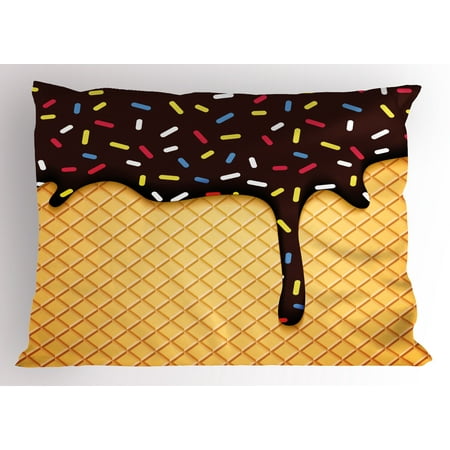 Ice Cream Pillow Sham Waffle Chocolate Flavor Dessert Delicious Yummy Backdrop Stylish Graphic, Decorative Standard Size Printed Pillowcase, 26 X 20 Inches, Dark Brown Mustard, by