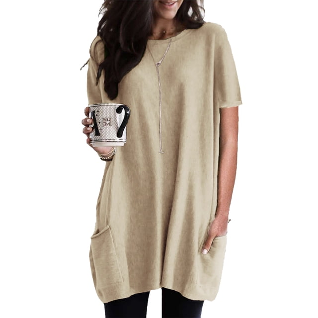 Camiseta larga holgada informal de manga corta con cuello redondo y bolsillos para mujer