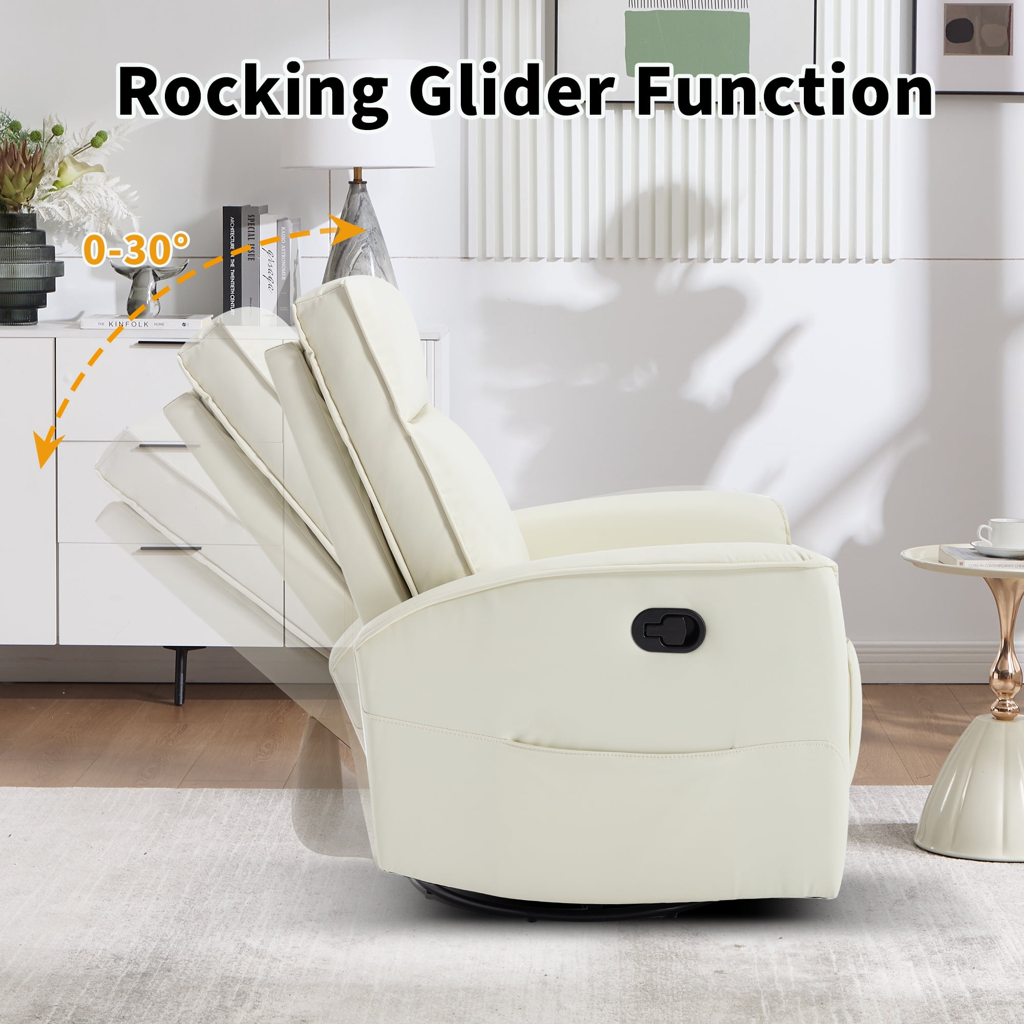 Ebello Manual PU Leather Swivel Rocker Recliner, Nursery Glider Chair with Padded Armrests & Backrest for Apartment, Living Room and Bedroom, White